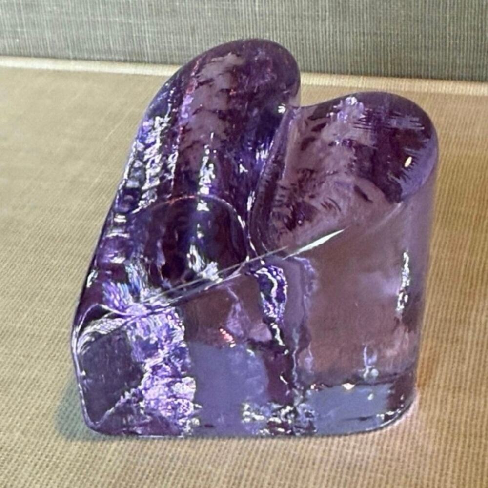 Fire & Light Glass Heart Paperweight Signed Lavender 2"